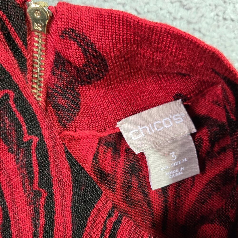Chico's Red Black Floral Paisley Mock Neck Back Zip Lightweight Sweater Boho - Picture 7 of 9